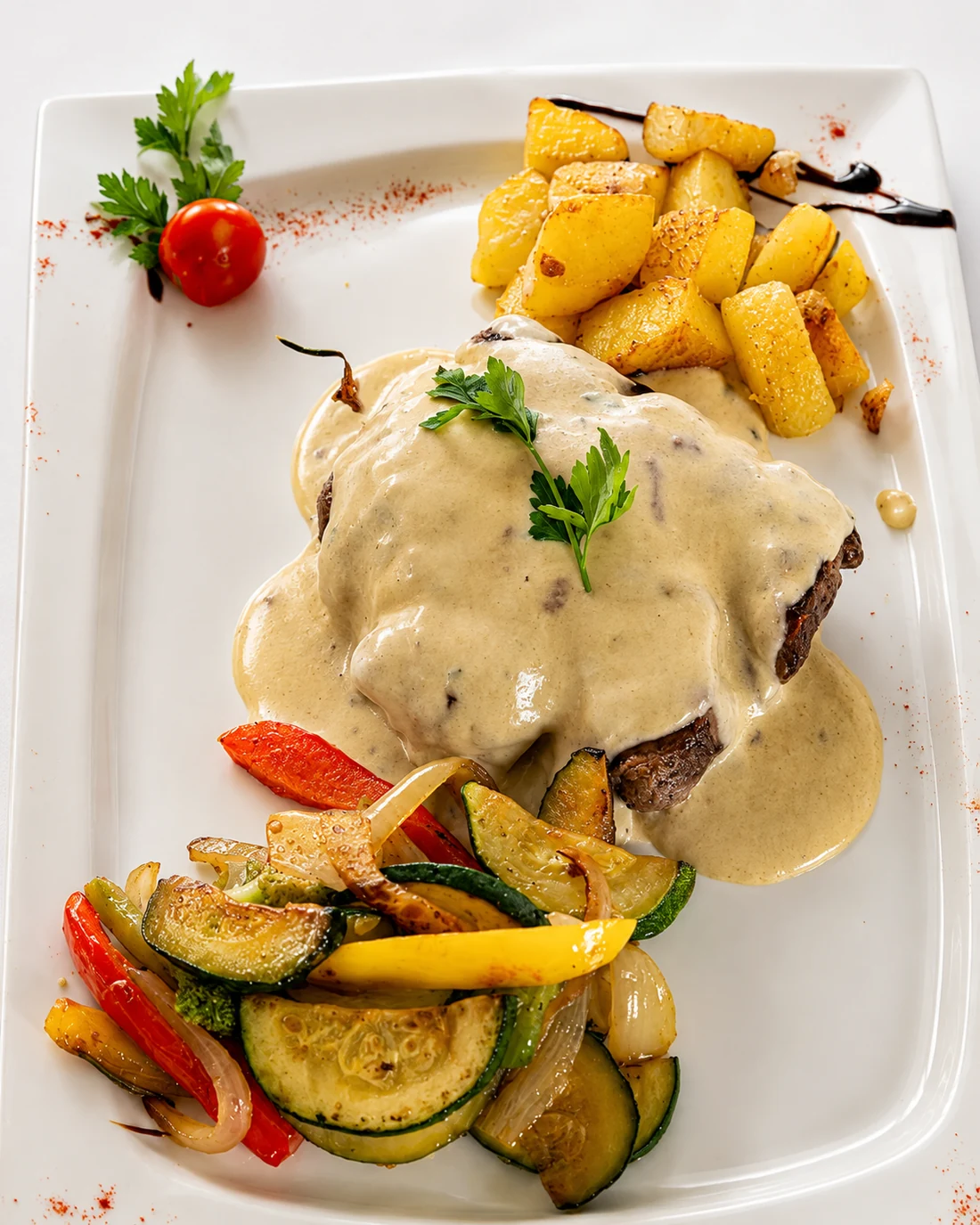 Fleischgericht mit cremiger Sauce, Kartoffeln und Gemüse