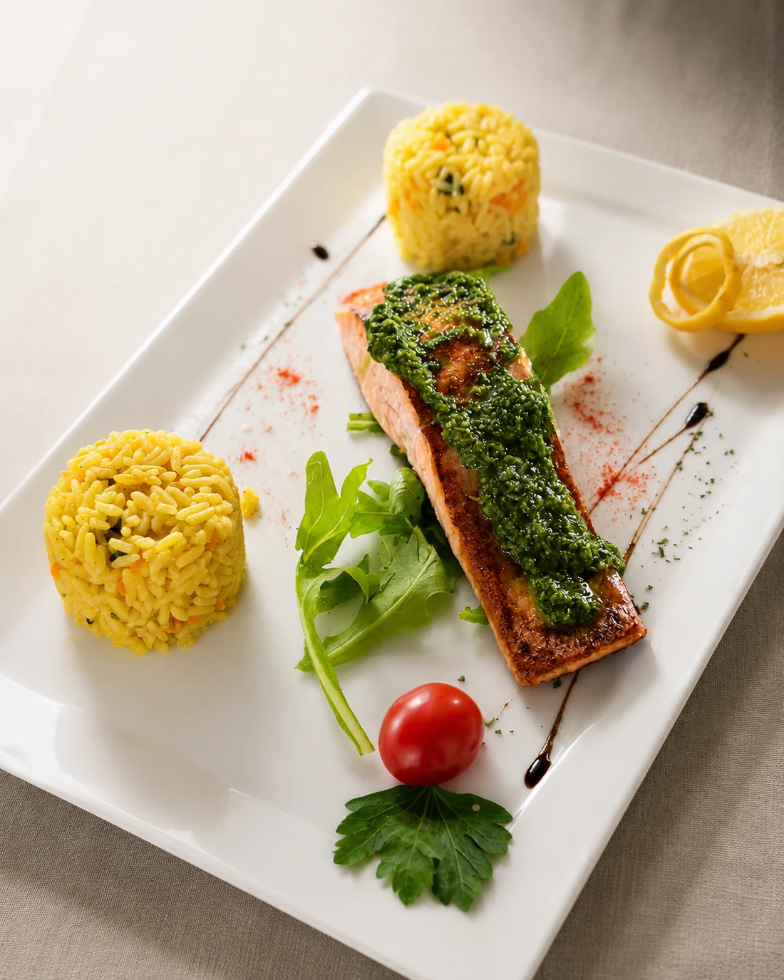 Lachs mit Kräutersauce und Reis